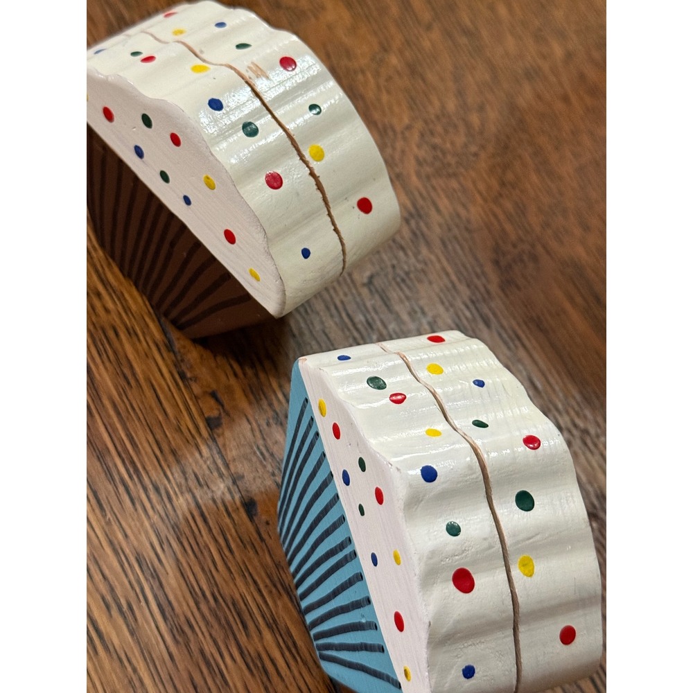 Vintage Hand Painted Wooden Cupcake Set of 2 Blue Brown Polka Dot